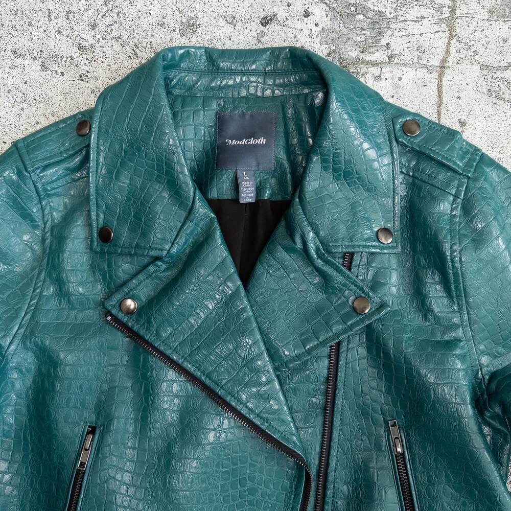 Modcloth Crocodile Rock Moto‎ Jacket & Mini Skirt, Faux Leather, Teal - Picture 4 of 8